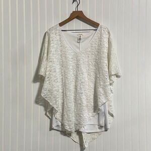 Brittany Black Woman White Lace Poncho Top Plus 2X Sparkly Boho Layered V Neck